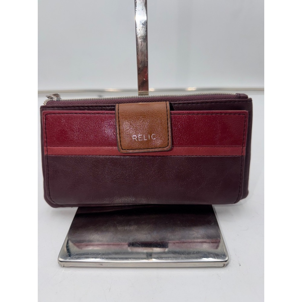 Relic Colorblock Slim Bifold Wallet Burgundy Red Brown Faux Leather Organizer